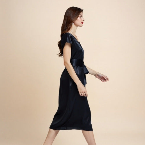 Eloise – Silk V-Neck Belted Midi Dress | The Silk Avenue