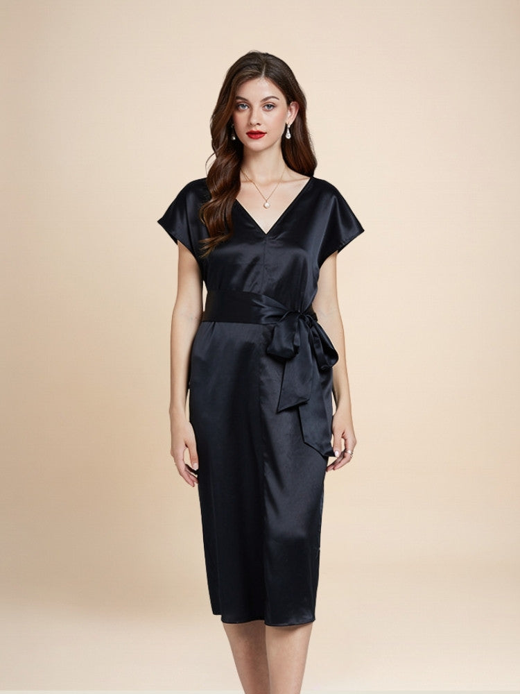Eloise – Silk V-Neck Belted Midi Dress | The Silk Avenue
