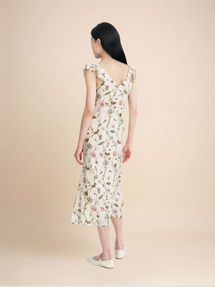 Elowra - Floral Print Flutter Sleeve Silk Dress | The Silk Avenue