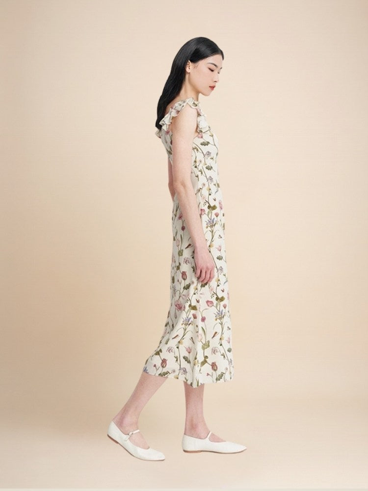 Elowra - Floral Print Flutter Sleeve Silk Dress | The Silk Avenue
