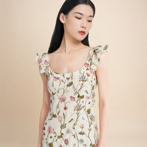 Elowra - Floral Print Flutter Sleeve Silk Dress | The Silk Avenue