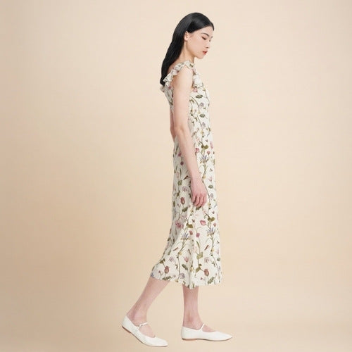 Elowra - Floral Print Flutter Sleeve Silk Dress | The Silk Avenue