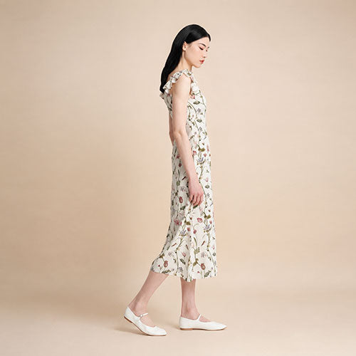 Elowra - Floral Print Flutter Sleeve Silk Dress | The Silk Avenue