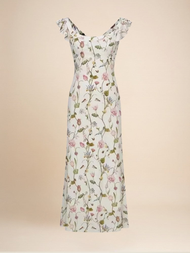 Elowra - Floral Print Flutter Sleeve Silk Dress | The Silk Avenue