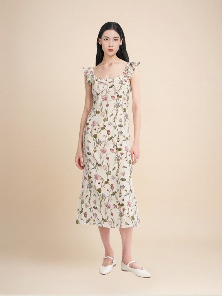 Elowra - Floral Print Flutter Sleeve Silk Dress | The Silk Avenue
