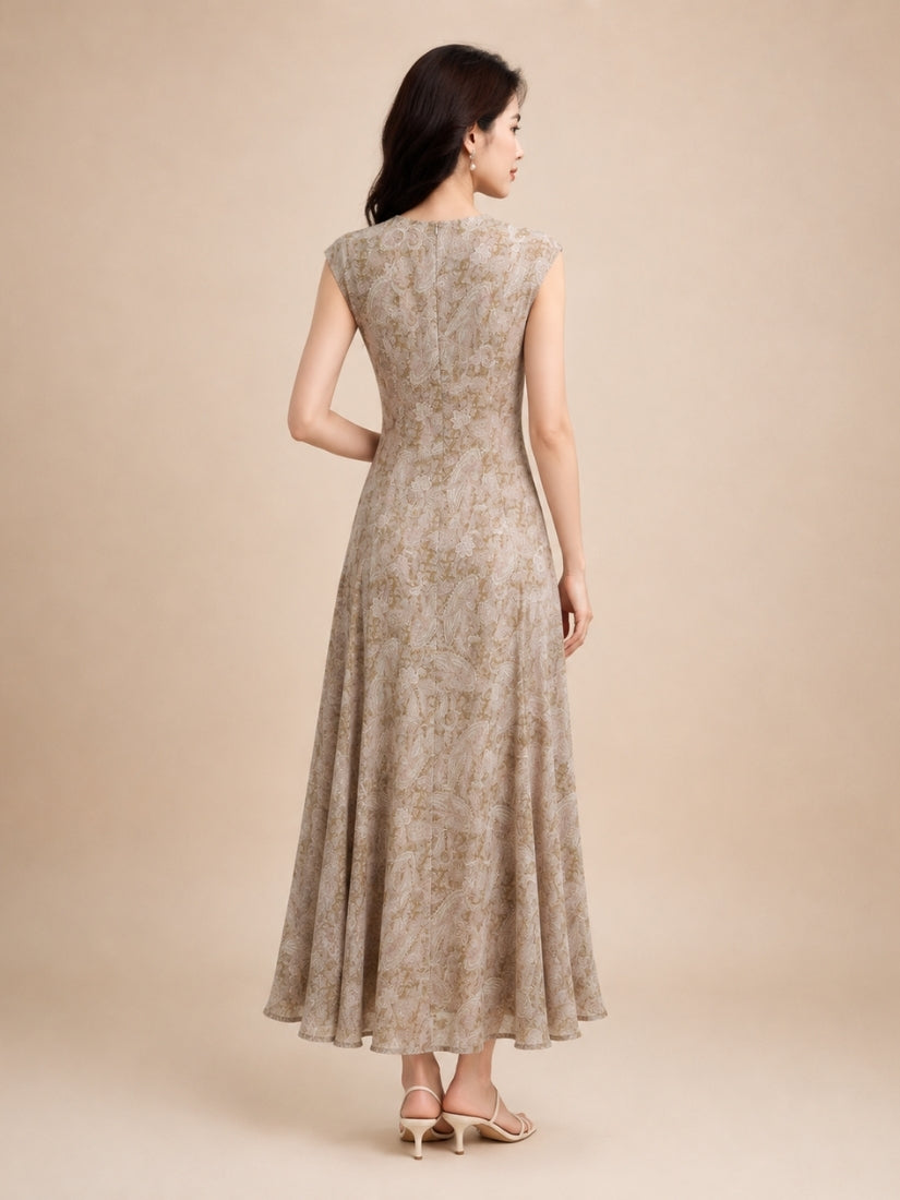 Estella - Paisley Print Silk Maxi Dress Taupe | The Silk Avenue