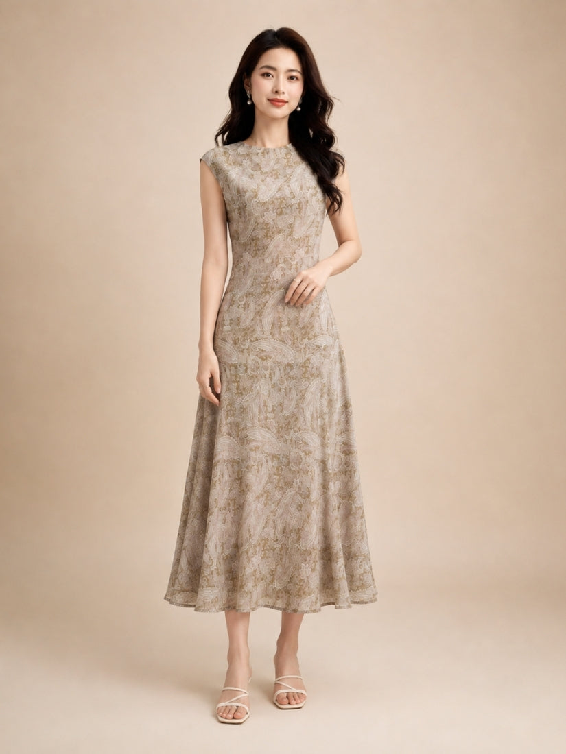 Estella - Paisley Print Silk Maxi Dress Taupe | The Silk Avenue