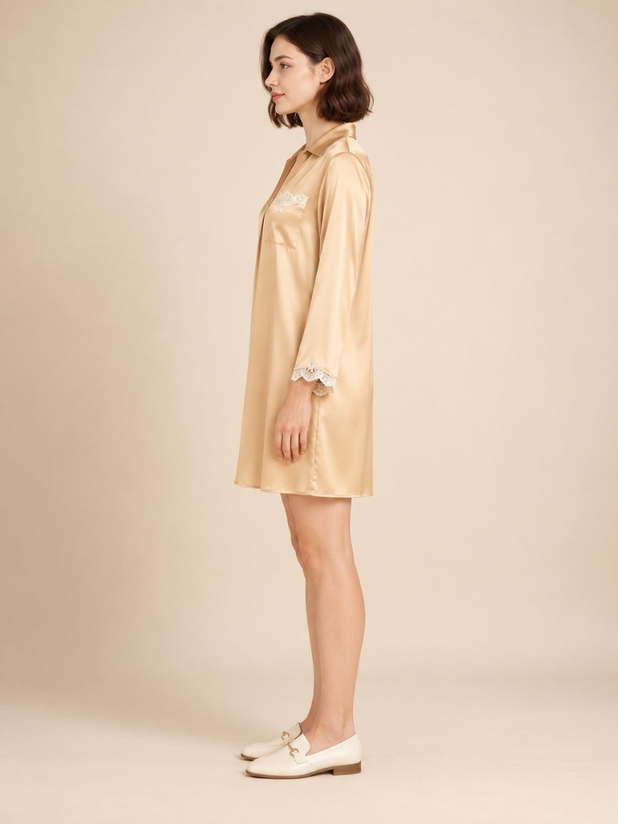Evessa - Champagne Silk Sleep Shirt Dress | The Silk Avenue