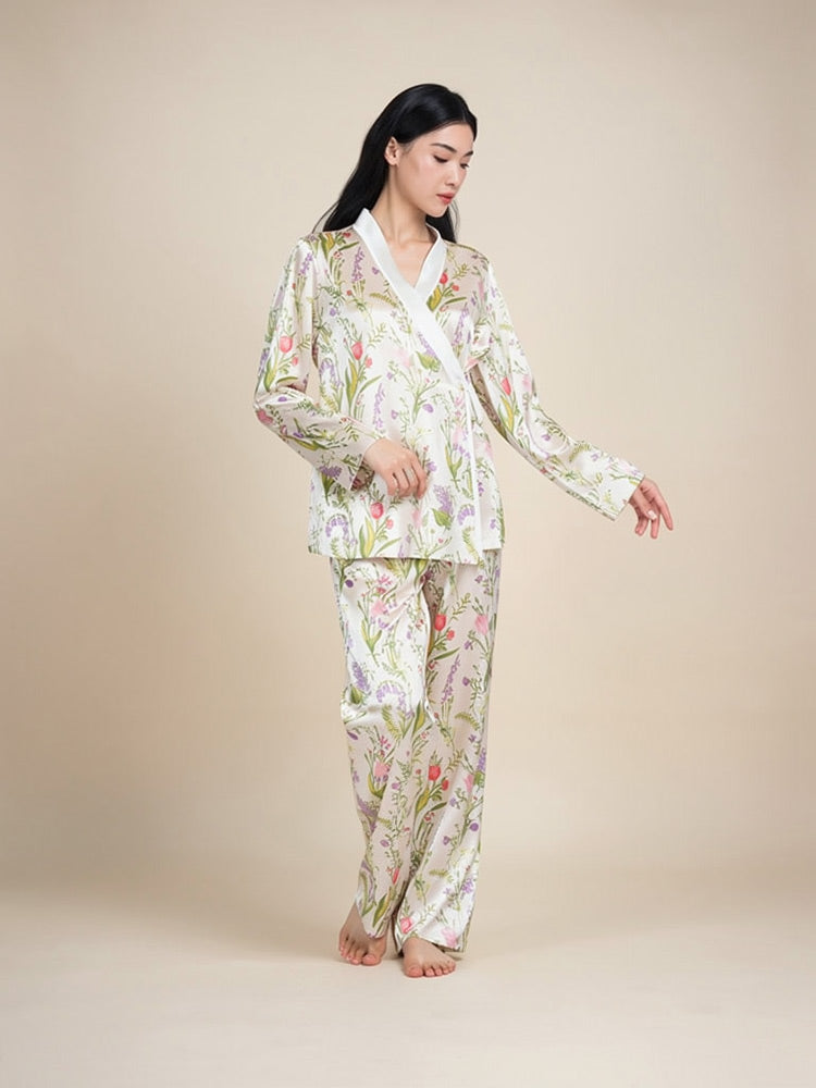 Florenia Long Sleeve Floral Print Silk Pajama Set | The Silk Avenue