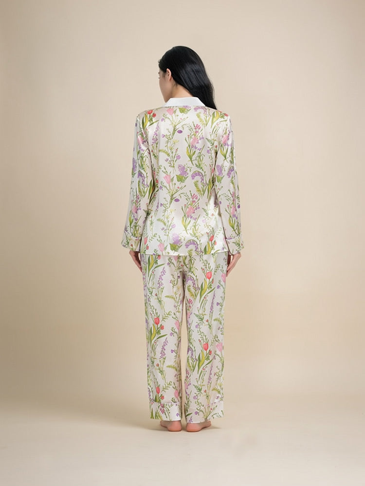 Florenia Long Sleeve Floral Print Silk Pajama Set | The Silk Avenue