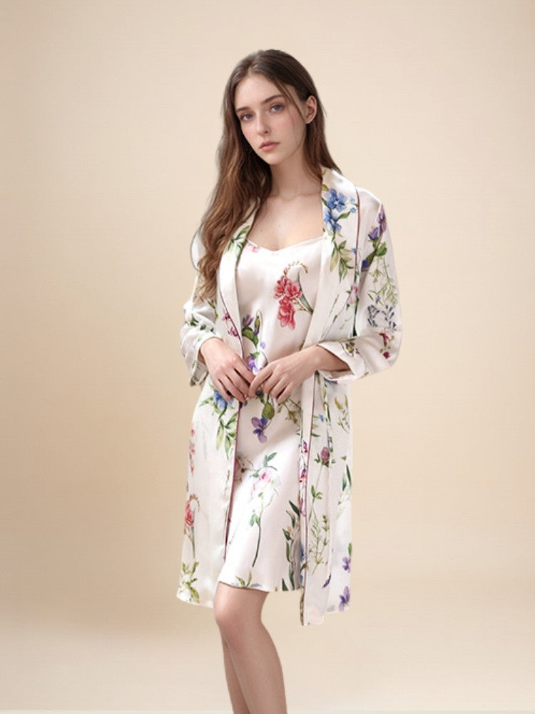 Gialora - Floral Print Silk Robe Set | The Silk Avenue