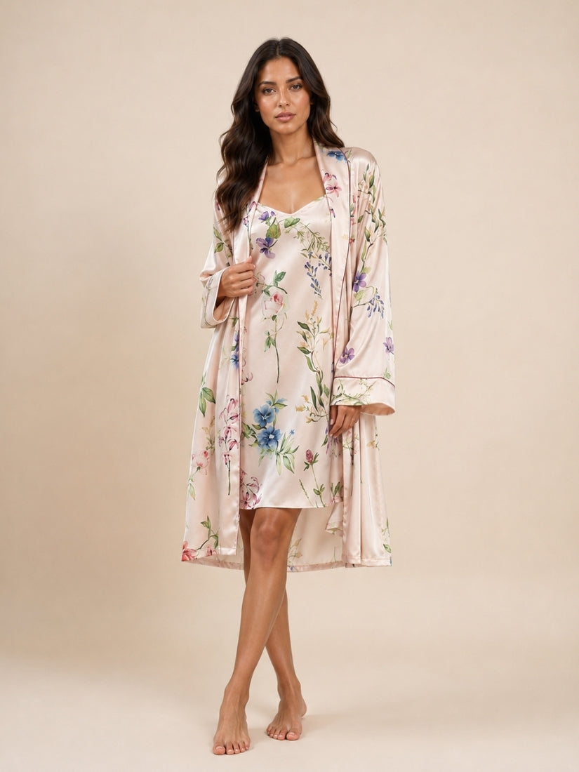 Gialora - Blush Pink Floral Print Silk Robe Set | The Silk Avenue