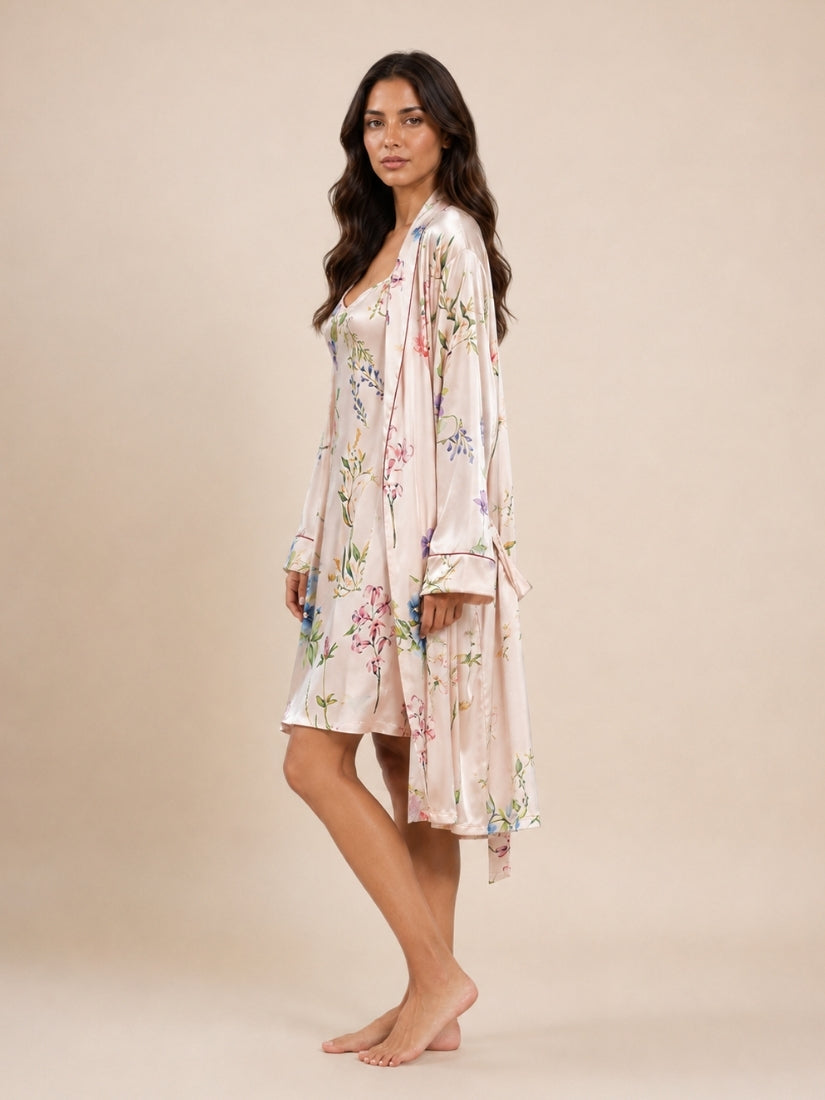 Gialora - Blush Pink Floral Print Silk Robe Set | The Silk Avenue
