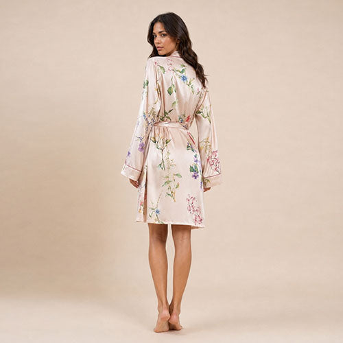 Gialora - Blush Pink Floral Print Silk Robe Set | The Silk Avenue