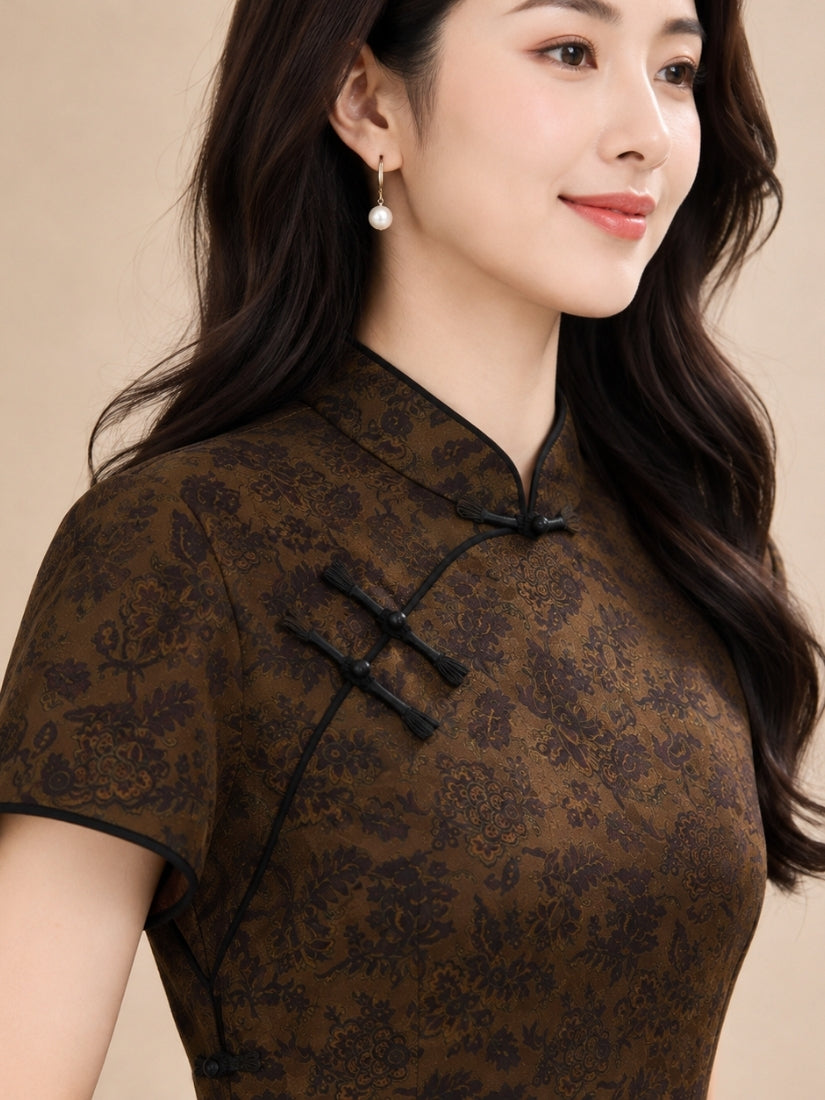 Haley - Jacquard Silk Qipao Midi Dress Drak Brown | The Silk Avenue