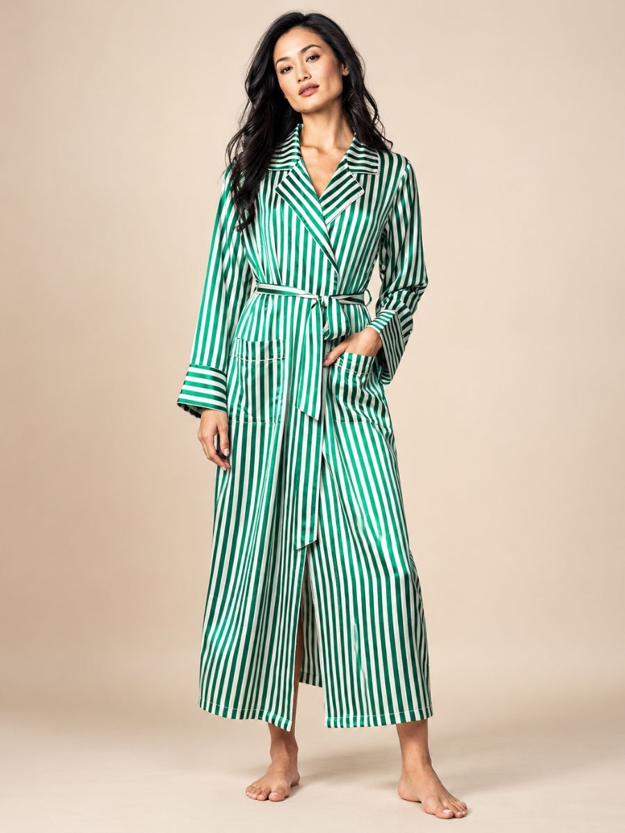 Haralyn - Green Silk Striped Belted Robe | The Silk Avenue