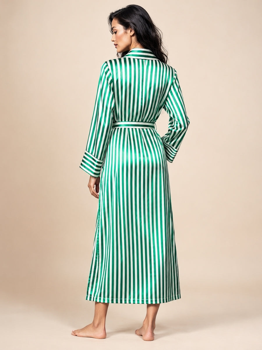 Haralyn - Green Silk Striped Belted Robe | The Silk Avenue