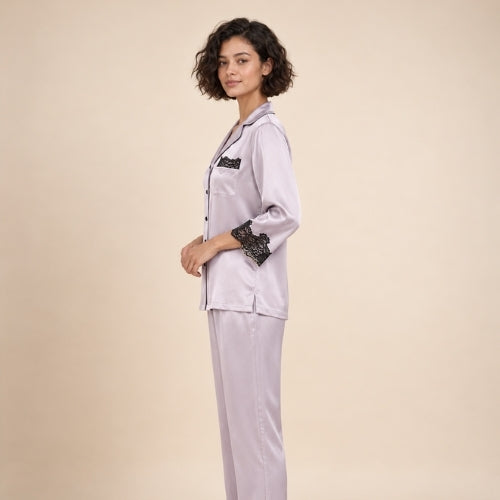 Helaene - Lavender Silk Lace Pajama Set | The Silk Avenue