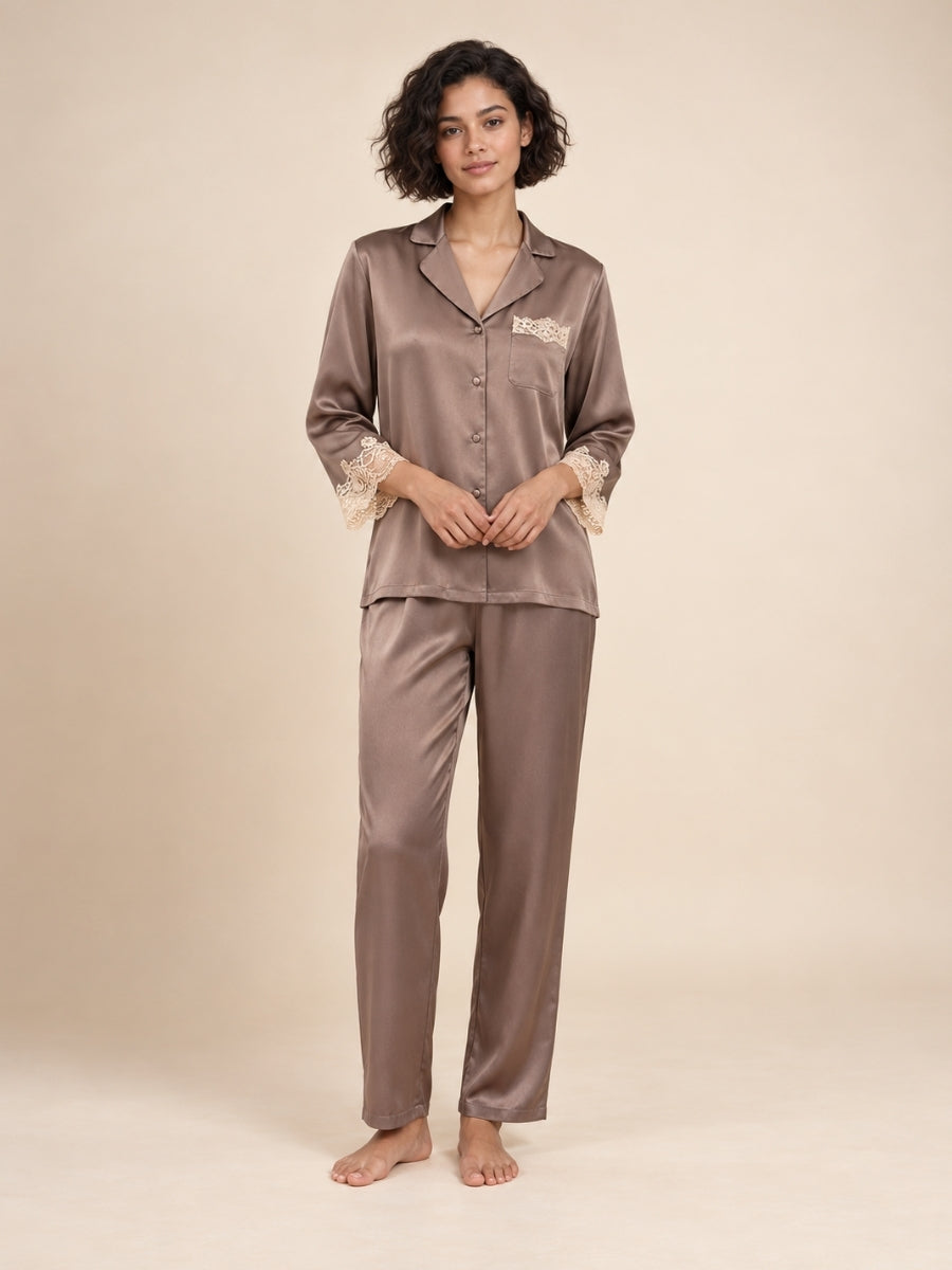 Helaene - Taupe Silk Lace Pajama Set | The Silk Avenue