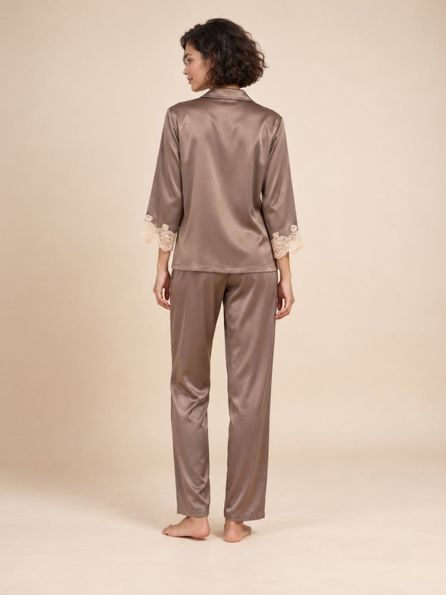 Helaene - Taupe Silk Lace Pajama Set | The Silk Avenue