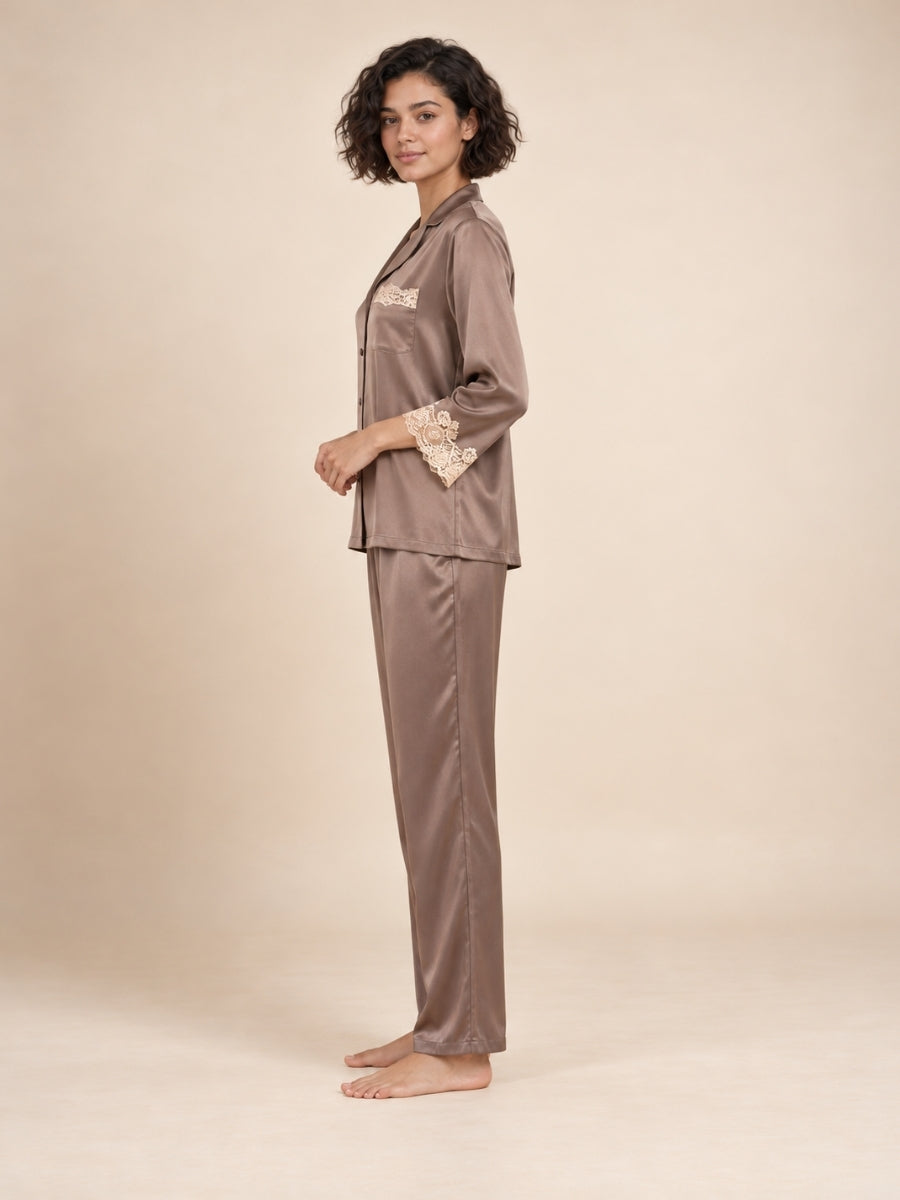 Helaene - Taupe Silk Lace Pajama Set | The Silk Avenue