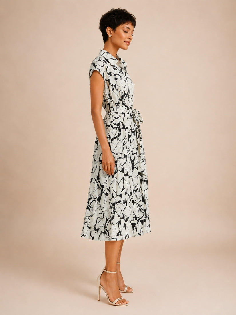 Helen - Abstract Print Silk Shirt Dress Black and White | The Silk Avenue