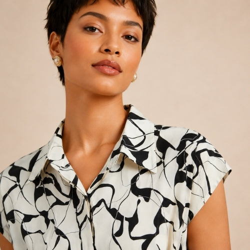 Helen - Abstract Print Silk Shirt Dress Black and White | The Silk Avenue