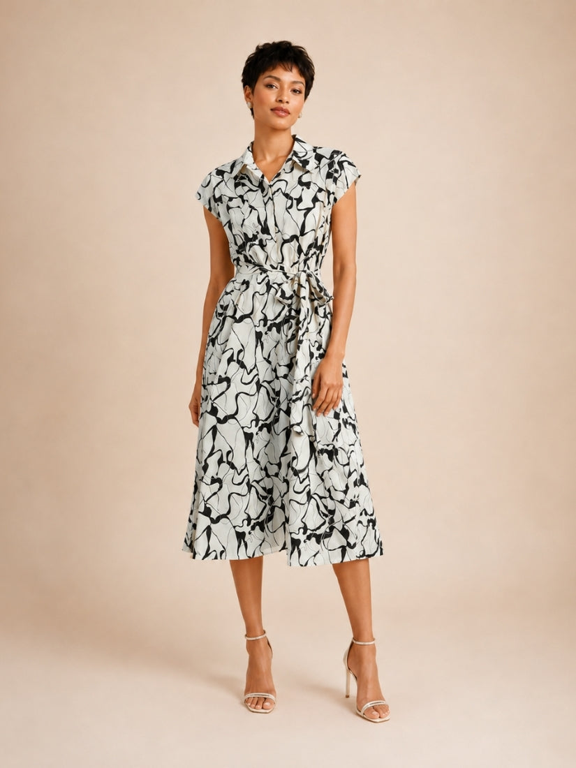 Helen - Abstract Print Silk Shirt Dress Black and White | The Silk Avenue