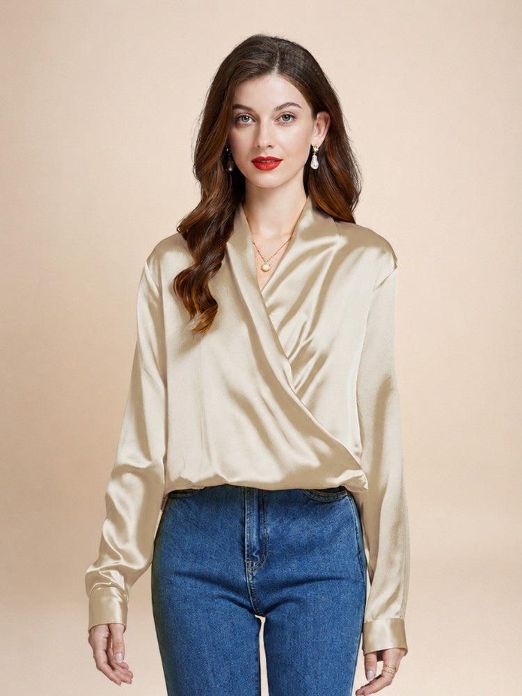 Hespera - Champagne Wrap V-Neck Silk Blouse | The Silk Avenue