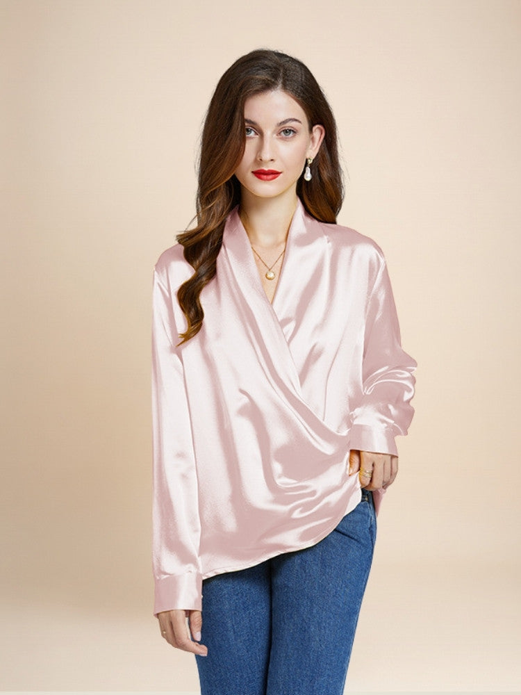 Hespera - Blush Pink Wrap V-Neck Silk Blouse | The Silk Avenue
