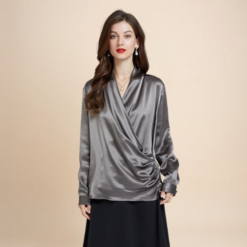 Hespera - Gray Wrap V-Neck Silk Blouse | The Silk Avenue