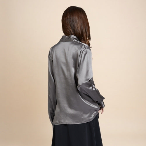 Hespera - Gray Wrap V-Neck Silk Blouse | The Silk Avenue