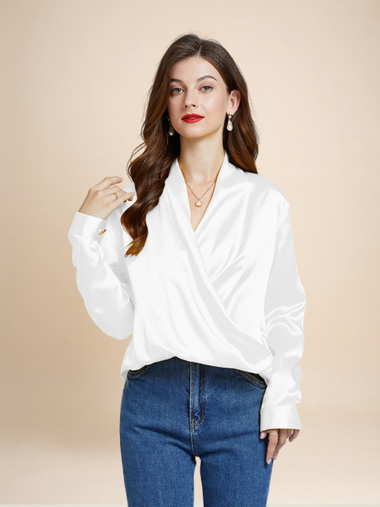 Hespera - White Wrap V-Neck Silk Blouse | The Silk Avenue
