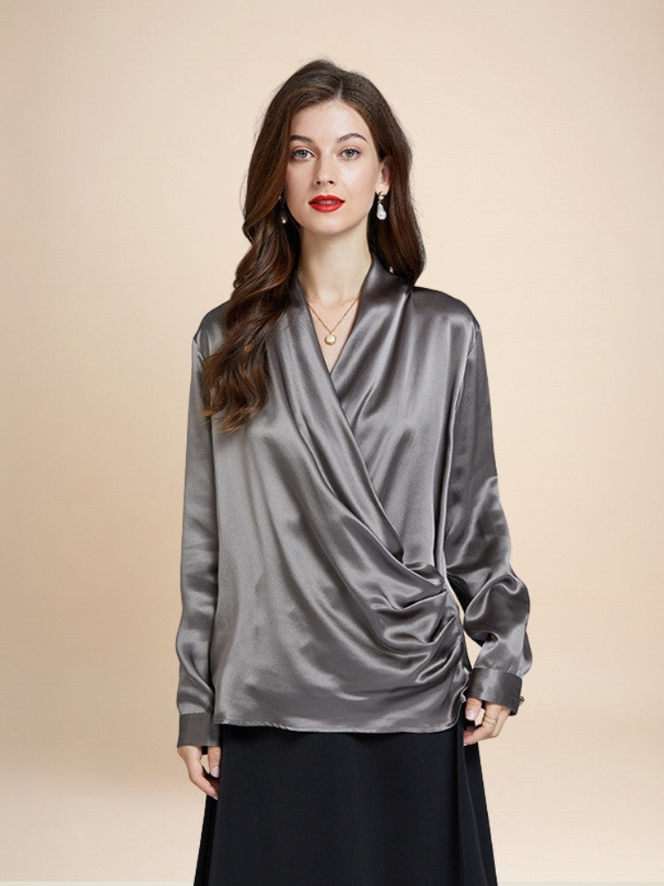 Hespera - Gray Wrap V-Neck Silk Blouse | The Silk Avenue