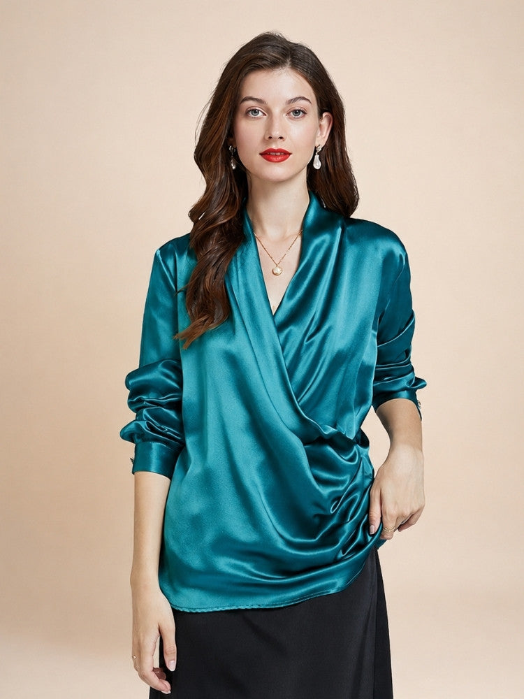 Hespera - Blue Emerald Wrap V-Neck Silk Blouse | The Silk Avenue