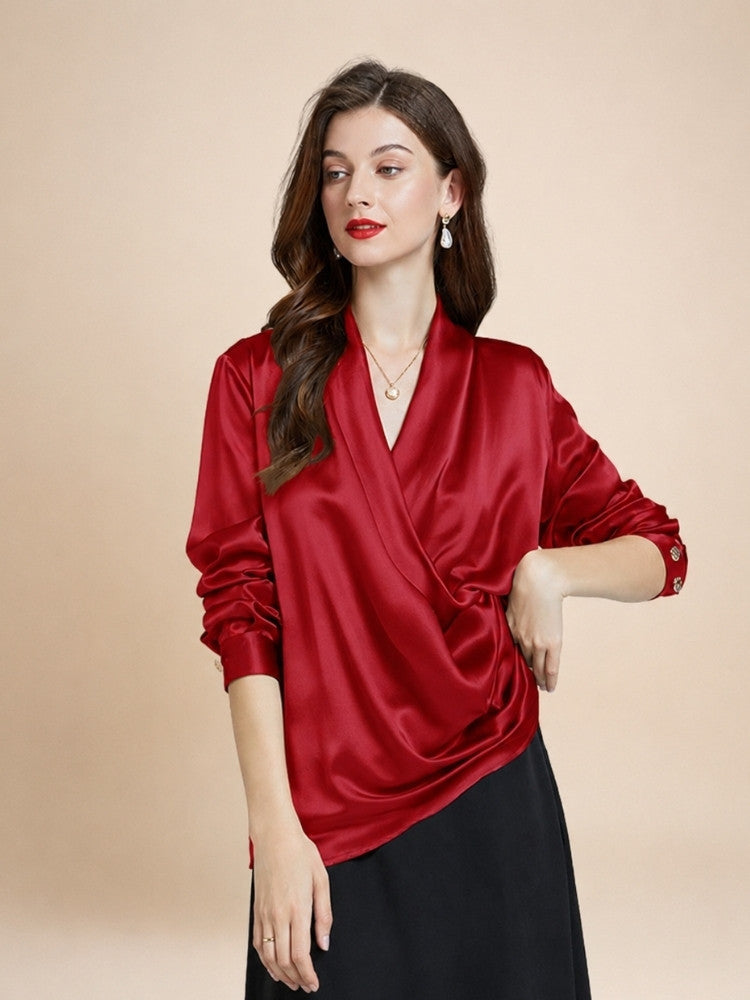 Hespera - Red Wrap V-Neck Silk Blouse | The Silk Avenue