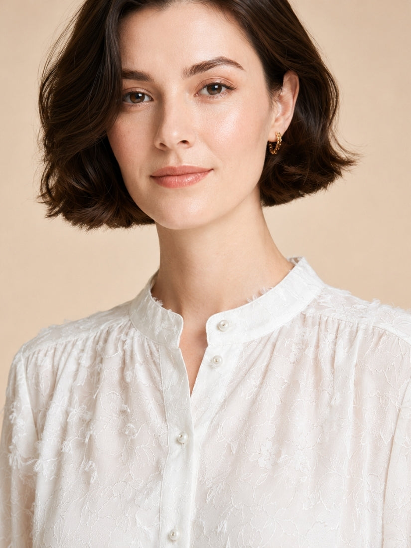 Holly - Burnout Floral Silk Georgette Blouse Ivory | The Silk Avenue