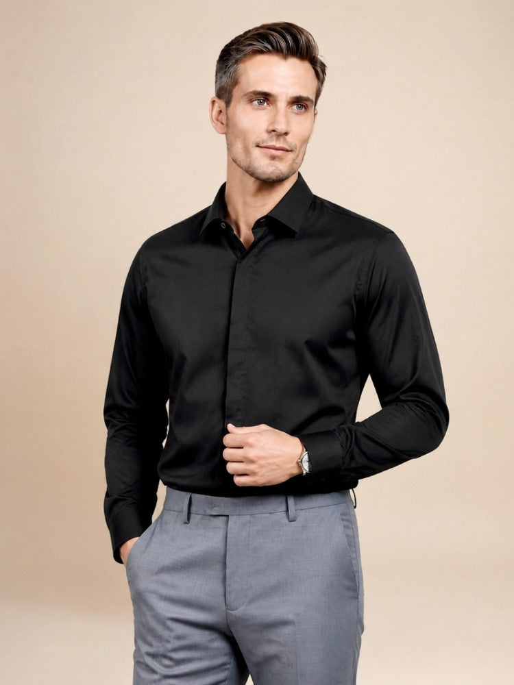 Idris - Black Basic Silk Shirt | The Silk Avenue