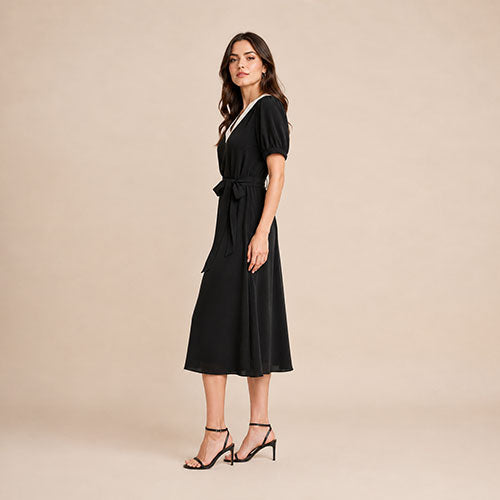 Illyria - Contrast V-Neck Silk Midi Dress | The Silk Avenue