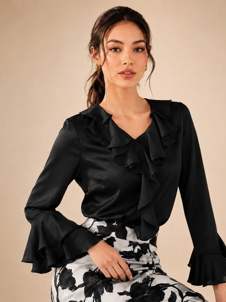 Indalya - Green Cascade Ruffle Silk Blouse | The Silk Avenue