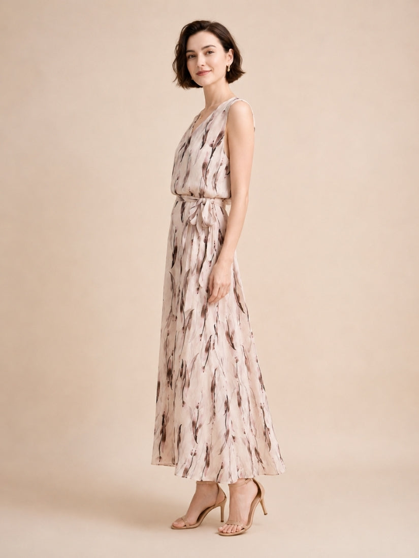 Ivory - Ink Leaf Print Silk Midi Dress Light Brown | The Silk Avenue