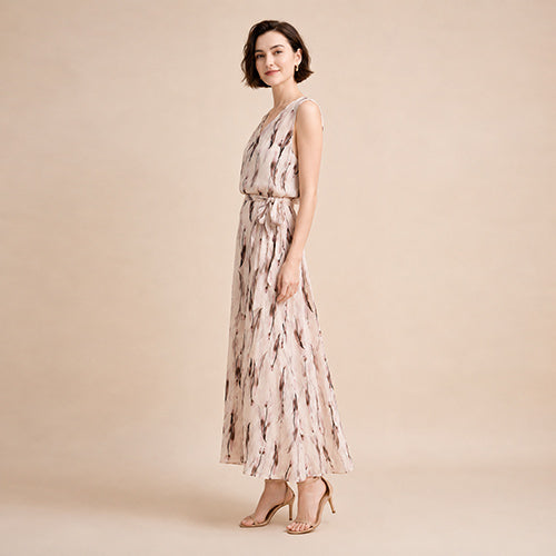 Ivory - Ink Leaf Print Silk Midi Dress Light Brown | The Silk Avenue