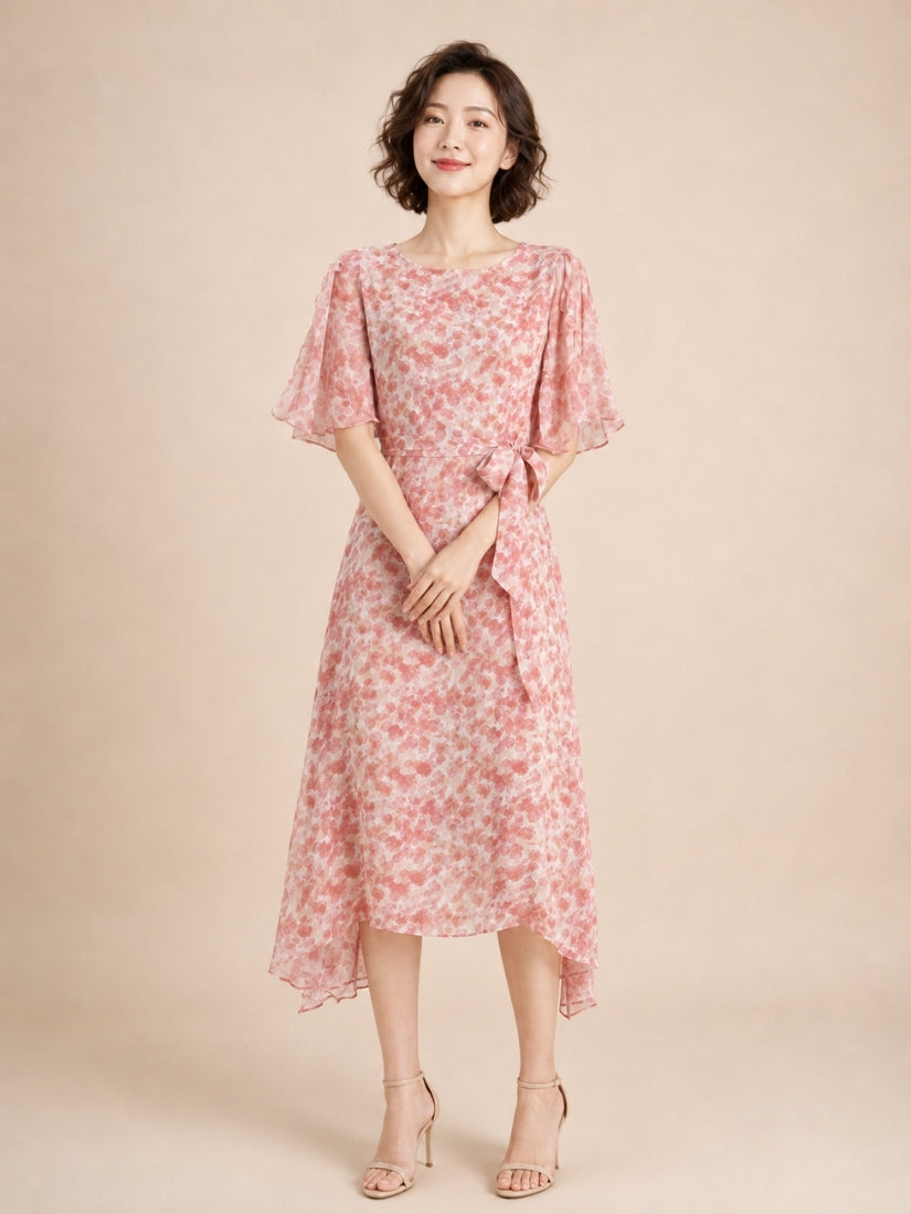 Jane - Floral Flutter-Sleeve Silk Dress Blush Pink | The Silk Avenue