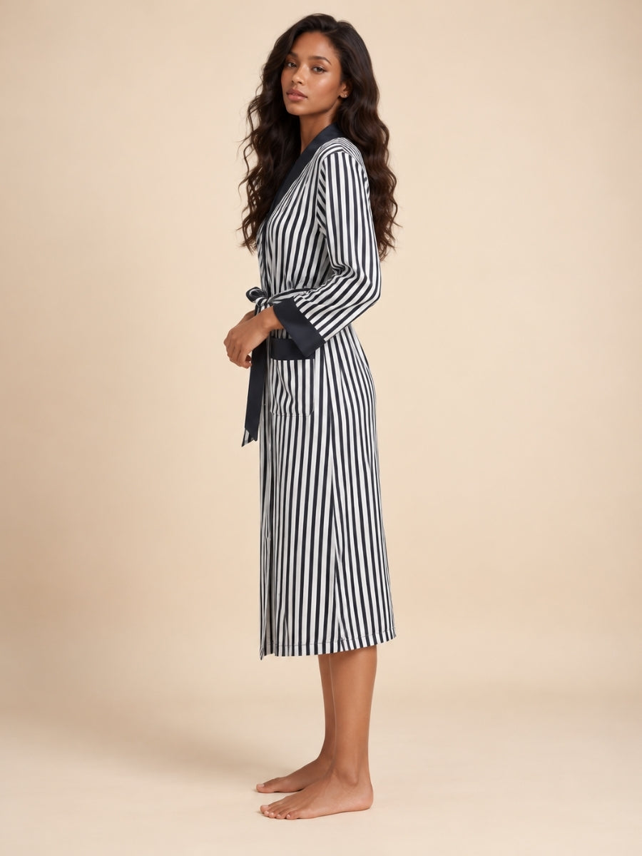 Jenassa - Black Silk Striped Contrast Trim Robe | The Silk Avenue