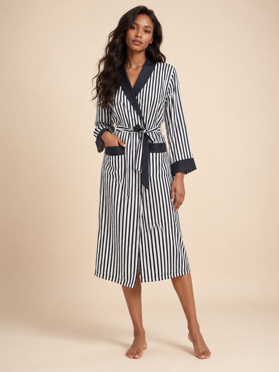 Jenassa - Black Silk Striped Contrast Trim Robe | The Silk Avenue