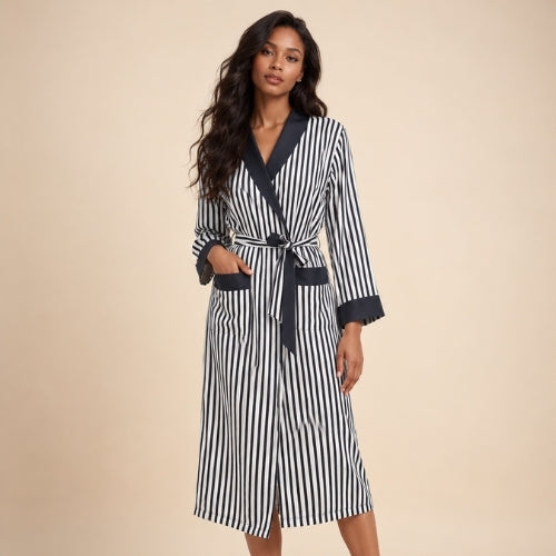 Jenassa - Black Silk Striped Contrast Trim Robe | The Silk Avenue