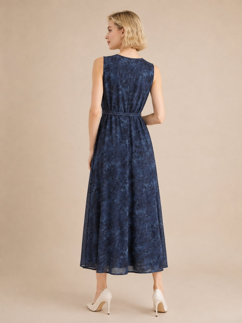 Joy - Ink Wash Print Silk Midi Dress Navy | The Silk Avenue