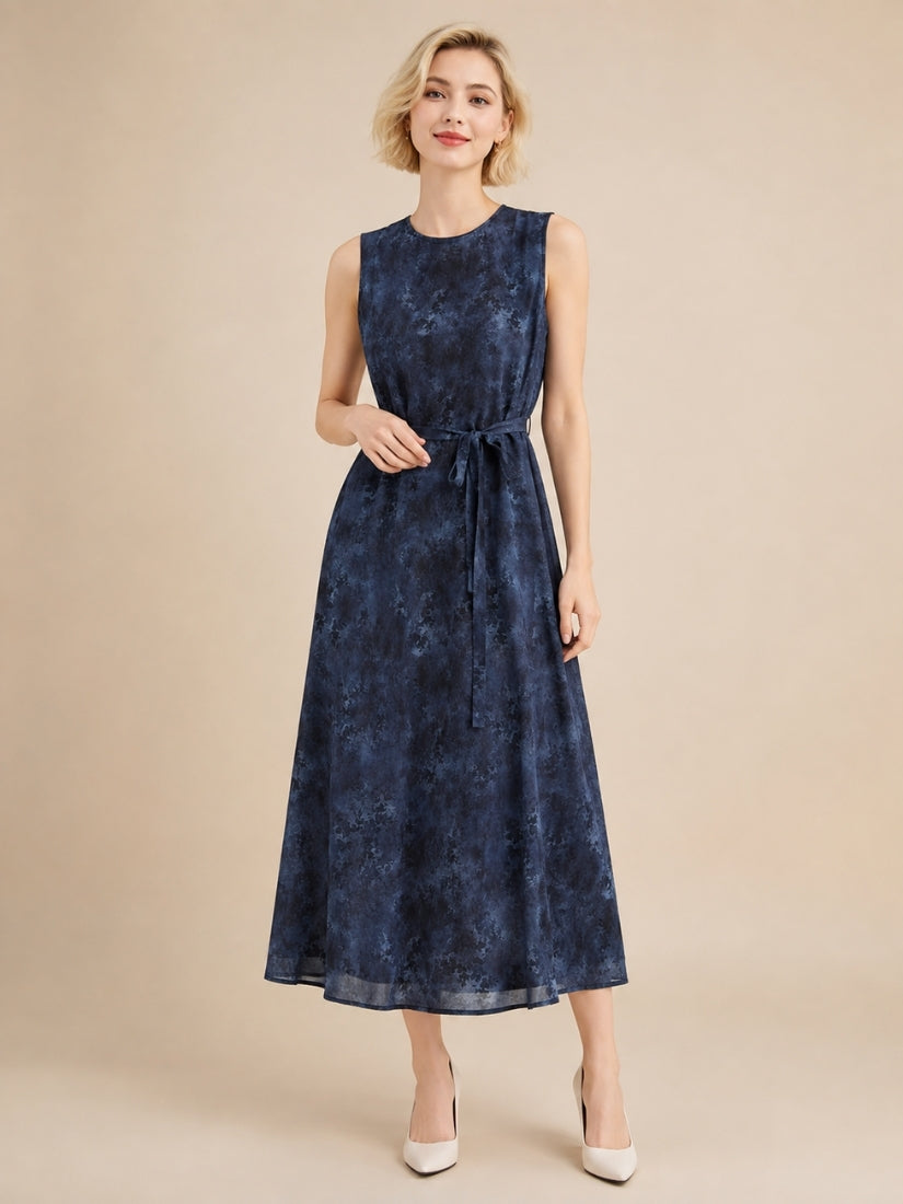 Joy - Ink Wash Print Silk Midi Dress Navy | The Silk Avenue