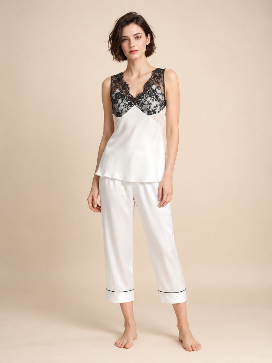 Kalinde - White Lace-Trim Silk Camisole & Wide-Leg Pants Set | The Silk Avenue