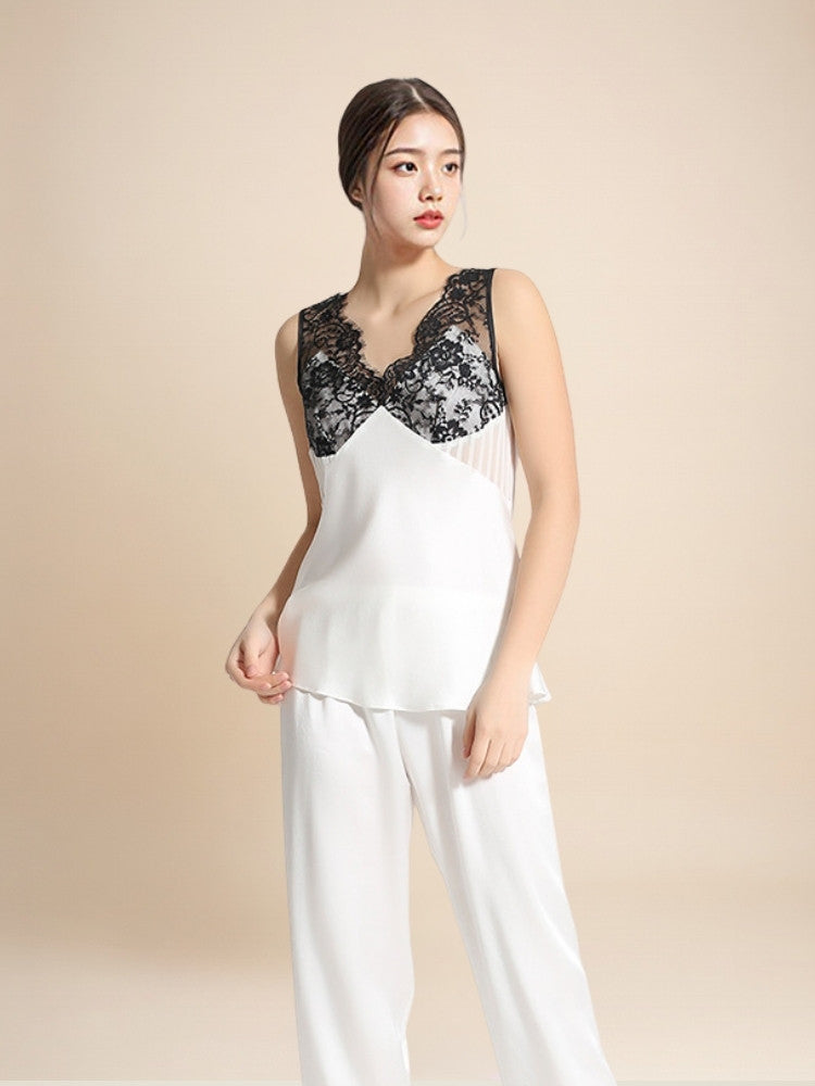 Kalinde - Lace-Trim Silk Camisole & Wide-Leg Pants Set | The Silk Avenue